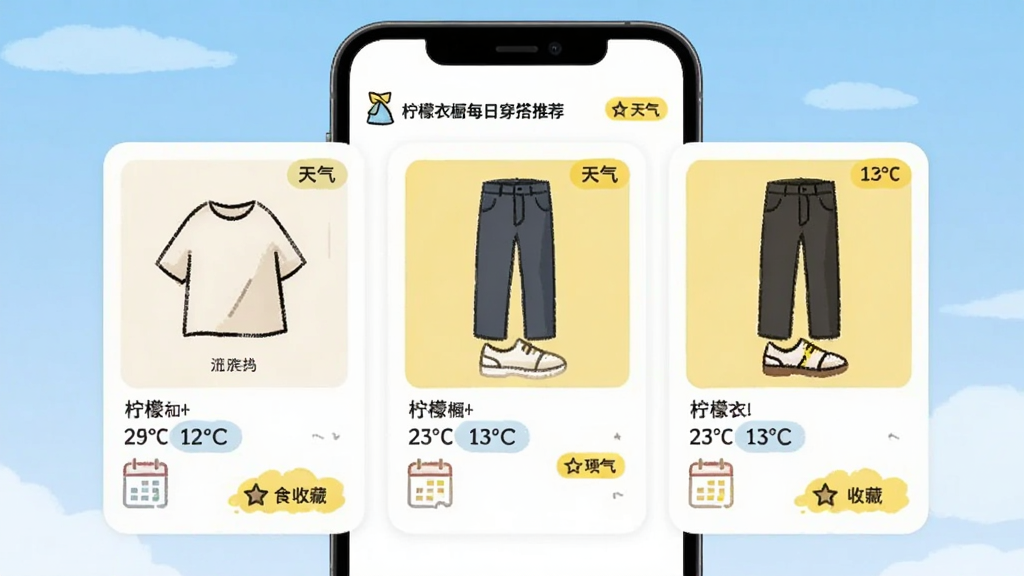 柠檬衣橱每日穿搭推荐界面,画面中央手机屏幕显示三套搭配方案卡片,每张卡片包含上衣、裤子、鞋子缩略图和天气标签,背景是柔和渐变蓝色天空,风格为清新插画风,细节包括温度数字、日程图标、搭配收藏按钮,画质清晰干净,无多余元素