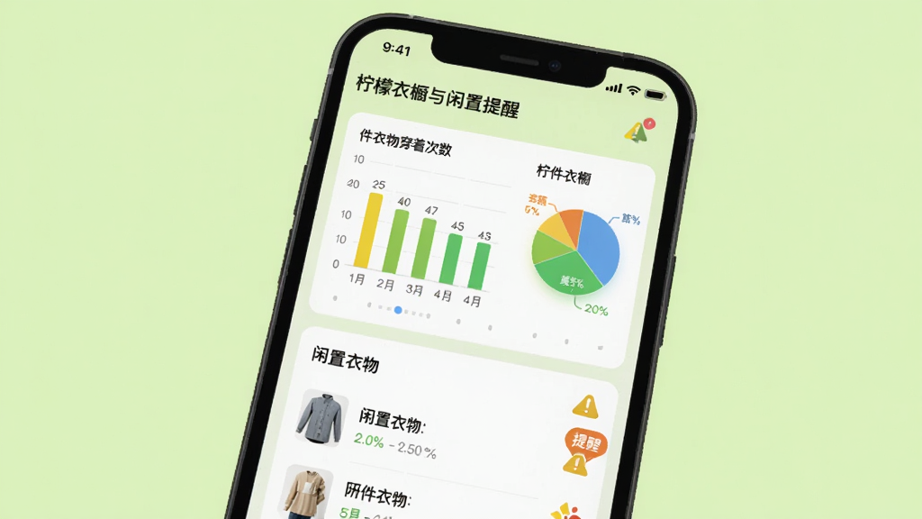 柠檬衣橱穿着统计与闲置提醒页面,画面中手机屏幕显示柱状图与饼图,标注各件衣物穿着次数,下方有闲置衣物列表并带有提醒角标,背景为浅绿色清新色调,风格为数据可视化界面,细节包括图表标签、时间轴、提醒图标,画质清晰干净,无多余元素
