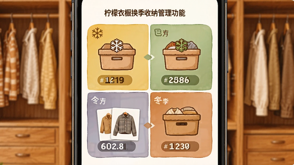 柠檬衣橱换季收纳管理功能,画面展示手机屏幕中衣物按春夏秋冬四象限分类排列,每个象限有收纳箱图标和数量标签,背景是暖色调木质衣柜,风格为温馨家居插画,细节包括季节图标、收纳箱、衣物缩略图,画质清晰干净,无多余元素