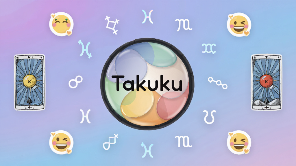 一张展示Takuku应用主界面的手机预览图,画面中央是Takuku的圆形彩色LOGO,周围环绕着星座符号、塔罗牌图案和心情表情图标,背景为柔和的渐变紫色与蓝色,布局居中对称,风格清新治愈,细节丰富,画质清晰,干净,无多余元素