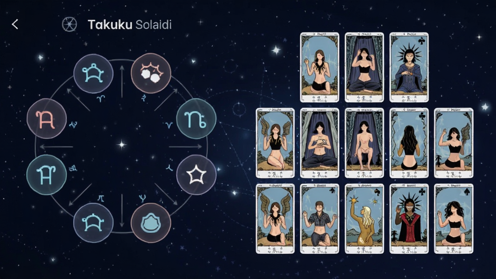 一张展示Takuku星座运势与塔罗占卜功能的界面截图,画面左侧显示十二星座图标,右侧显示塔罗牌牌阵,背景为深蓝色星空,风格神秘而治愈,细节清晰,画质干净,无多余元素