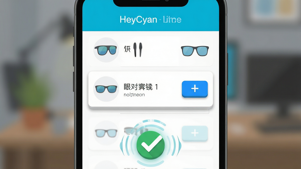 HeyCyan应用内设备搜索与配对界面截图风格插图,主体为手机屏幕特写,屏幕内容显示搜索到可用眼镜设备列表,其中一个设备名称旁有蓝色连接按钮,背景虚化处理,画面下方有配对成功打勾动画示意,布局采用居中构图,风格扁平化UI设计,细节上按钮有微立体投影,文字清晰锐利,画质干净无杂乱元素。