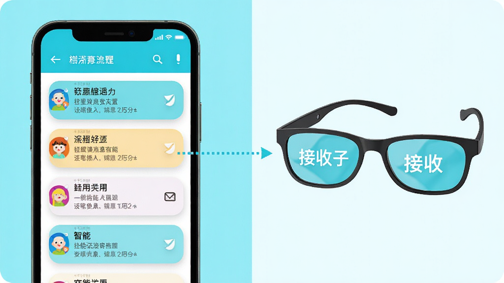 HeyCyan通知同步设置界面示意图,画面左侧为手机通知列表,右侧为智能眼镜接收通知的示意,中间用虚线箭头连接表示数据流转,整体布局左右分栏,风格清新浅色,细节上通知图标色彩鲜明,眼镜端显示文字清晰,画质明亮干净,无多余装饰元素。