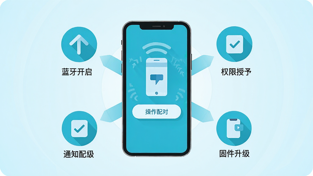 HeyCyan新手使用教程示意图,画面以手机屏幕为中心,周围环绕多个操作步骤小图标,包括蓝牙开启、权限授予、设备配对、固件升级、通知设置等,布局采用环形放射状排列,风格扁平化教程插画,细节上每个步骤图标配有简短文字标签,背景为柔和浅蓝渐变,画质清晰干净,无多余元素。