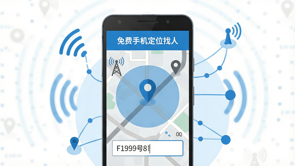 插图描述:一部安卓手机屏幕显示“免费手机定位找人”的地图界面,地图上有蓝色圆形区域和定位图标,旁边有手机号码输入框;布局为手机居中,周围有信号波纹和网络节点连线;排版清晰,顶部有软件名称“免费手机定位找人”;风格为扁平化科技插画,蓝白灰配色;细节包含地图道路、定位针、信号塔、数据流动线条;画质高清,画面干净,无多余元素。