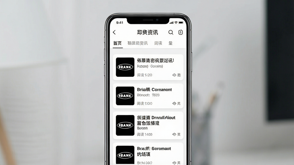 һ��չʾӡ����ѶAPP��ҳ������ֻ���Ļ��ͼ������Ϊ���з��õ������ֻ�����Ļ����ʾƷ����Ѷ��Ϣ����Ƭ������Ϊ�������������·��б����Ű��������������Ϊ�ִ���Լ�Ƽ��У�ϸ�ڰ���ʱ����ʾ��Ʒ��logo����ͼ���������ֺ��Ķ���ͼ�꣬���ʸ��壬�ɾ����޶���Ԫ��