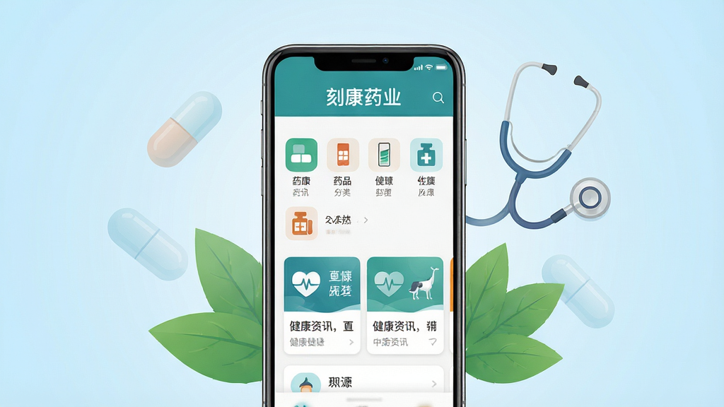 画面中央展示一部智能手机,屏幕显示“刻康药业”APP的首页界面,界面中包含药品分类图标和健康资讯卡片,背景为干净的浅蓝色渐变,手机周围环绕着半透明的药丸、听诊器、绿叶等医疗健康元素,整体布局居中对称,风格为现代扁平化设计,细节清晰,画质高清,干净无多余元素