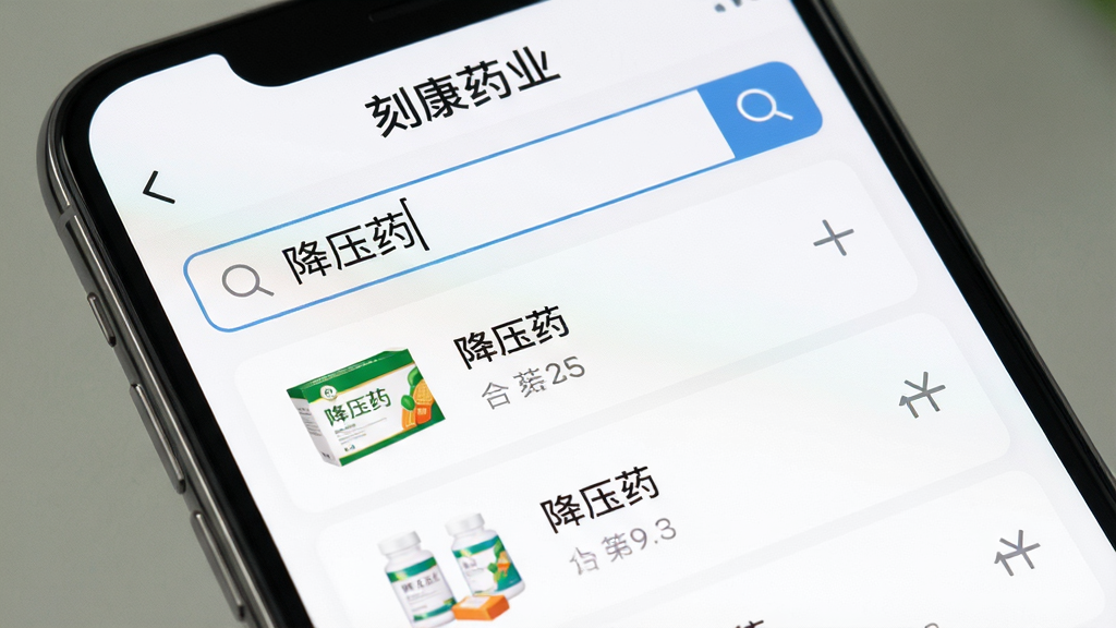 手机屏幕特写,显示“刻康药业”APP的药品搜索界面,搜索框内输入“降压药”,下方列出多条药品结果,每条结果带有药品图片和名称,背景为纯白色,界面干净整洁,风格为写实UI风格,画质清晰,无多余装饰元素