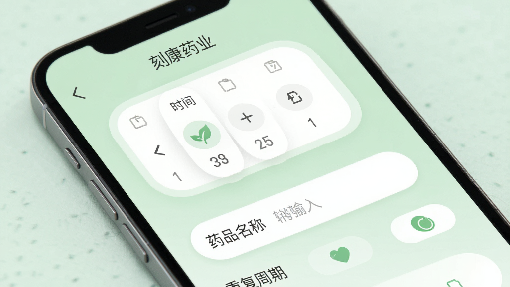 手机界面展示“刻康药业”APP的用药提醒设置页面,包含时间选择器、药品名称输入框和重复周期选项,背景为柔和的浅绿色,界面元素圆角设计,风格清新简约,画质高清,干净无杂乱