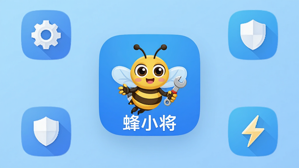 手机屏幕中央显示“蜂小将”应用图标,图标为一只卡通蜜蜂拿着小工具,周围环绕简洁的功能图标如齿轮、盾牌、闪电,背景为浅蓝色渐变,扁平化设计风格,画面干净,主体突出,高清画质,无多余元素
