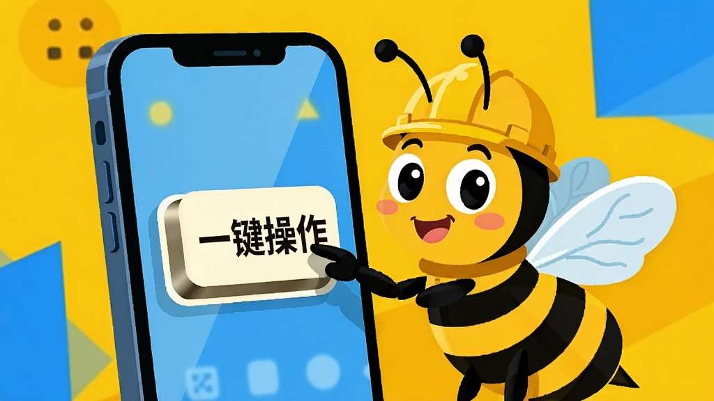 一只戴着安全帽的卡通蜜蜂站在手机屏幕前,用触角点击屏幕上的大按钮,按钮上写着“一键操作”,背景是明亮的黄色和蓝色几何色块,扁平插画风格,画面干净,主体清晰,高清画质