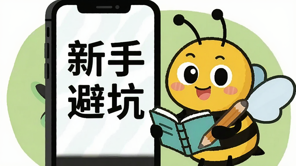 卡通蜜蜂拿着小本子和铅笔,站在手机屏幕旁,屏幕上显示“新手避坑”四个字,背景是浅绿色和白色,扁平插画风格,画面干净,主体突出,高清画质