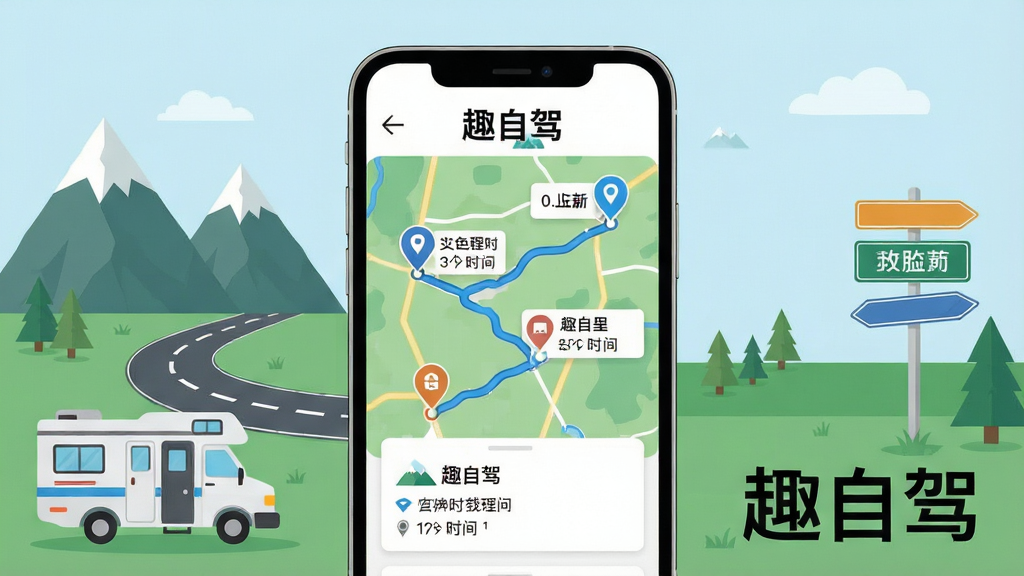 一张以“趣自驾”为主题的自驾游路书规划界面展示图,画面主体为手机屏幕中显示的地图路线与行程卡片,布局采用居中构图,手机两侧分布山脉、公路、房车、路标等元素,排版清晰简洁,风格为扁平化插画风,细节包括地图上的蓝色路线、途经点图标、里程与时间标注,画面中文字“趣自驾”出现在手机屏幕顶部与右下角标题处,画质高清,干净,无多余元素