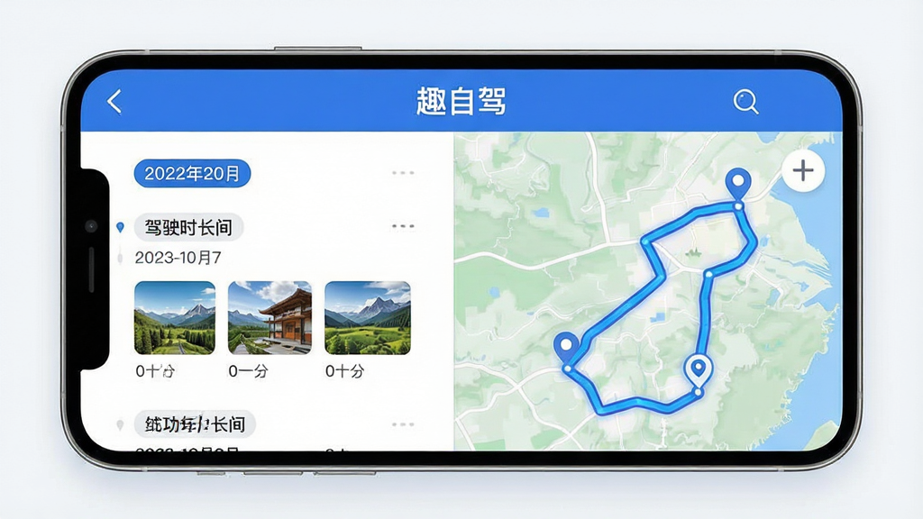 一张展示“趣自驾”智能路书生成功能的场景图,主体为手机屏幕中呈现的日程卡片与地图路线,布局采用左右分栏,左侧为行程列表,右侧为地图预览,风格为现代科技感UI插画,细节包括日期标签、驾驶时长、景点缩略图、蓝色高亮路线,画面中文字“趣自驾”出现在顶部导航栏,画质清晰,干净,无多余元素