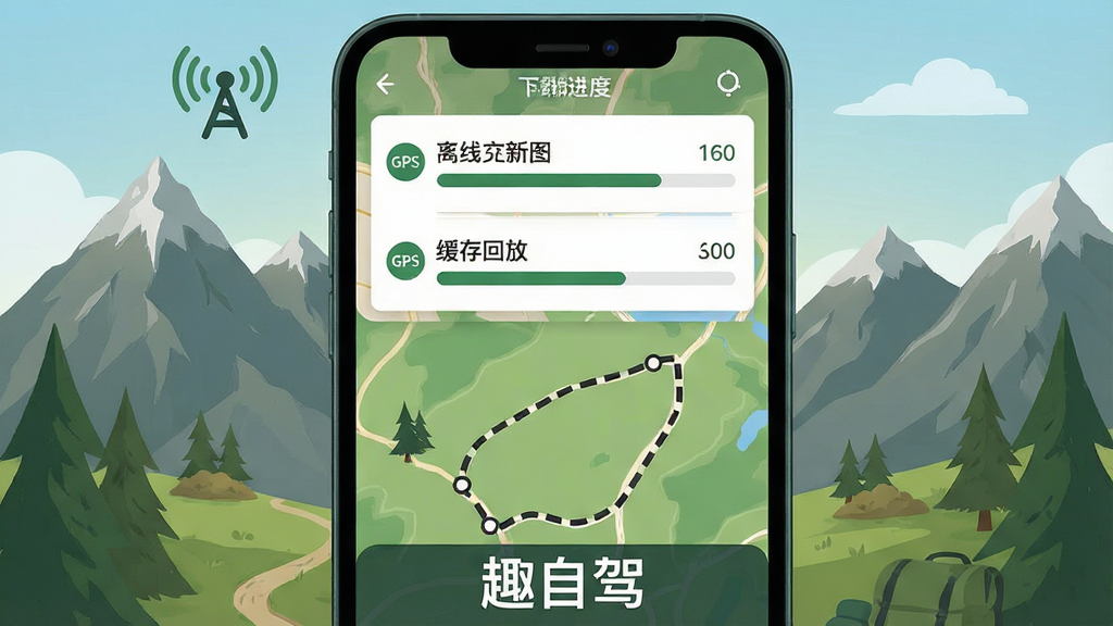 一张以“趣自驾”离线地图与轨迹记录为主题的插图,主体为手机屏幕显示离线地图下载进度与轨迹线条,布局为上下结构,上方为下载管理列表,下方为地图轨迹回放,风格为户外运动风插画,细节包括山脉背景、GPS信号图标、轨迹虚线、缓存进度条,画面中文字“趣自驾”出现在屏幕底部,画质高清,干净,无多余元素