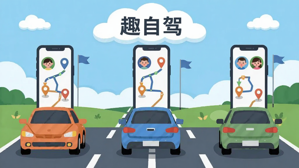 一张展示“趣自驾”多人协同功能的场景图,主体为三辆汽车在公路上行驶,每辆车上方连接着手机界面,布局为横向排列,风格为卡通扁平插画,细节包括车队图标、路线连线、集合点旗帜、手机中的成员头像,画面中文字“趣自驾”出现在天空云朵处,画质清晰,干净,无多余元素