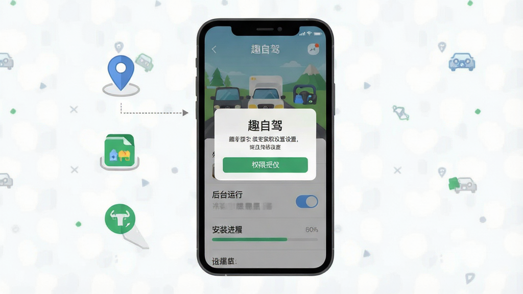 一张以“趣自驾”手机安装与权限设置为主题的示意图,主体为手机屏幕显示权限授权弹窗与设置列表,布局为居中构图,风格为简洁扁平UI插画,细节包括定位图标、存储图标、后台运行开关、安装进度条,画面中文字“趣自驾”出现在弹窗标题处,画质清晰,干净,无多余元素