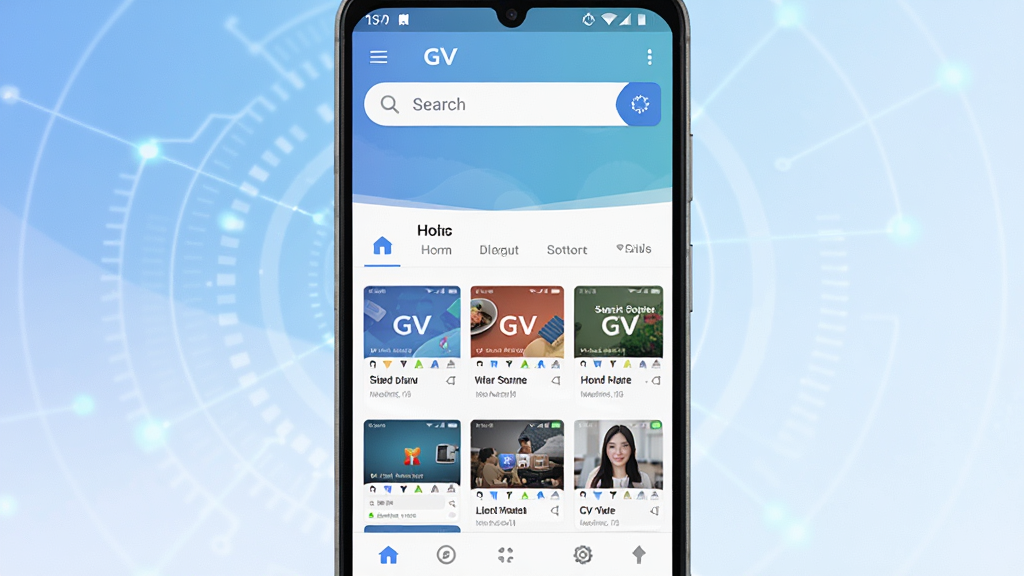 一张展示GV浏览器应用图标与手机屏幕浏览界面的合成图,主体为一部安卓手机,屏幕上显示GV浏览器简洁的首页搜索框与热门站点导航,背景为柔和的蓝白渐变科技风格,布局居中对称,细节包括顶部状态栏与底部菜单栏,画质清晰干净,无多余元素