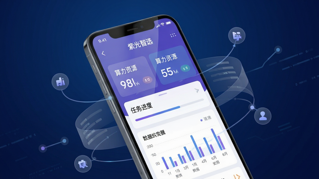 主体为一部智能手机,屏幕上显示紫光智选应用界面,界面中包含算力资源卡片、任务进度条与数据图表;布局采用居中构图,手机略微倾斜,背景为深蓝色科技感渐变;排版上手机占画面主体,周围环绕半透明的数据流线条与节点图标;风格为现代科技感、简洁扁平化;细节上手机屏幕有轻微反光,界面文字清晰可见,包含“紫光智选”字样;画质高清,干净,无多余元素