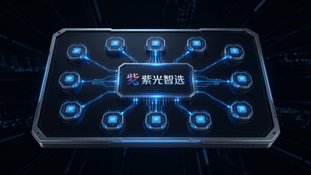 主体为一块悬浮的虚拟控制面板,面板上显示多个算力节点图标与连接线,中心位置有“紫光智选”Logo;布局采用对称式构图,面板悬浮于画面中央;排版上节点图标环绕中心Logo排列,连接线呈放射状;风格为未来科技感、深色背景配亮蓝色光效;细节上节点图标有微光呼吸效果,面板边缘有细腻的金属质感;画质高清,干净,无多余元素