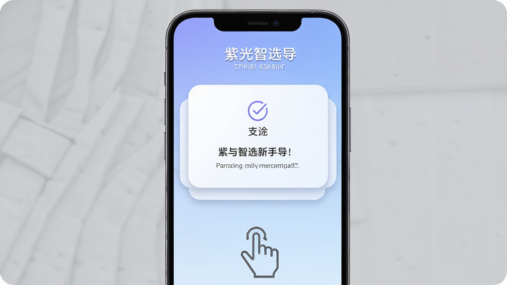 主体为一部手机屏幕显示紫光智选的新手引导页面,页面中有勾选权限的图标与提示文字;布局采用竖屏居中,手机下方有手势指引箭头;排版上引导卡片分层排列,背景为浅蓝色渐变;风格为清新简约、友好易用;细节上卡片有圆角与轻微投影,图标为线性风格;画质高清,干净,无多余元素