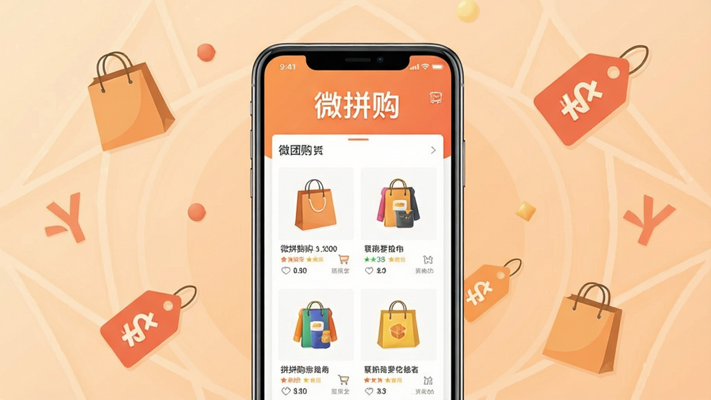 一张展示“微拼购”手机应用主界面的产品渲染图,画面中央是手机屏幕,屏幕内显示“微拼购”文字和拼团商品列表,背景为浅橙色渐变,四周有购物袋、折扣标签等扁平化图标点缀,风格简洁明快,细节清晰,画质干净,无多余元素