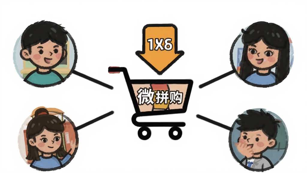 一个展示“微拼购”社交拼团功能的场景图,画面中有多个卡通人物头像通过线条连接指向中央的“微拼购”购物车图标,购物车上方有向下箭头的价格标签,背景为白色,风格为扁平插画,细节简洁,画质干净,无多余元素
