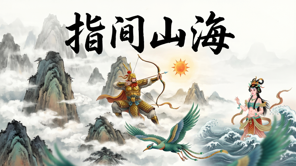 一幅展现指间山海宏大世界观的主视觉图,画面中央是云雾缭绕的上古大荒山脉,山间有身披金甲的后羿弯弓射日,下方有青耕神鸟展翅飞翔,远处龙女立于波涛之上,整体采用国风水墨与工笔重彩结合的画风,布局为竖版手机壁纸比例,排版上方留白处写有“指间山海”四个书法大字,风格恢弘神秘,细节丰富,画质高清干净,无多余元素