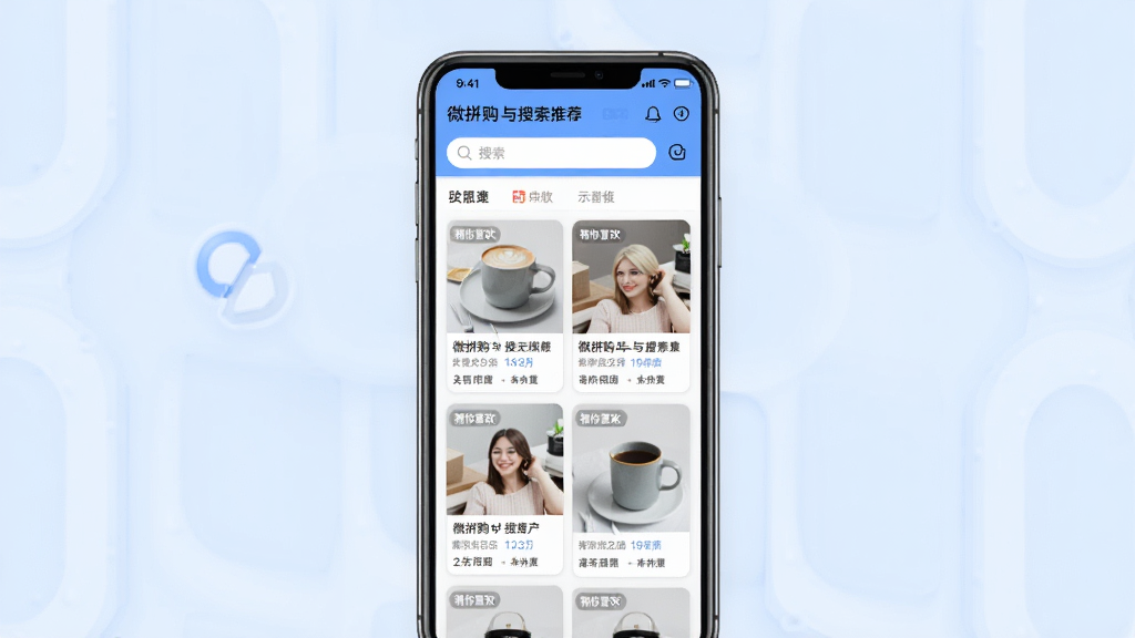 一张展示“微拼购”智能推荐与搜索功能的示意图,画面中央为手机屏幕,屏幕内显示搜索框和商品瀑布流,商品卡片上有“猜你喜欢”标签,背景为淡蓝色,风格为简洁科技感,细节清晰,画质干净,无多余元素