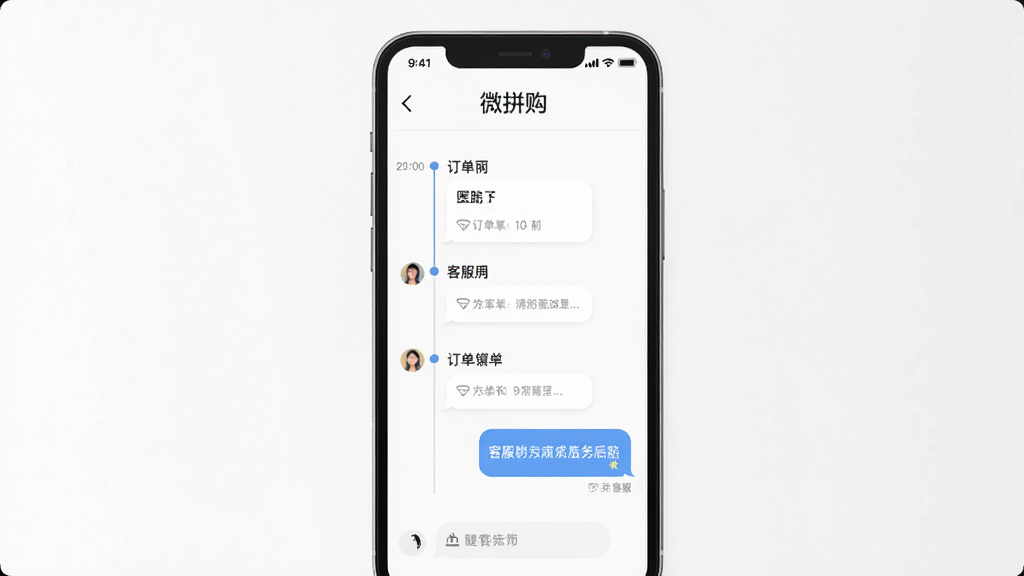 一张“微拼购”订单追踪与售后服务界面的概念图,画面显示手机屏幕内订单时间轴和客服对话气泡,背景为白色,风格为扁平化设计,细节清晰,画质干净,无多余元素