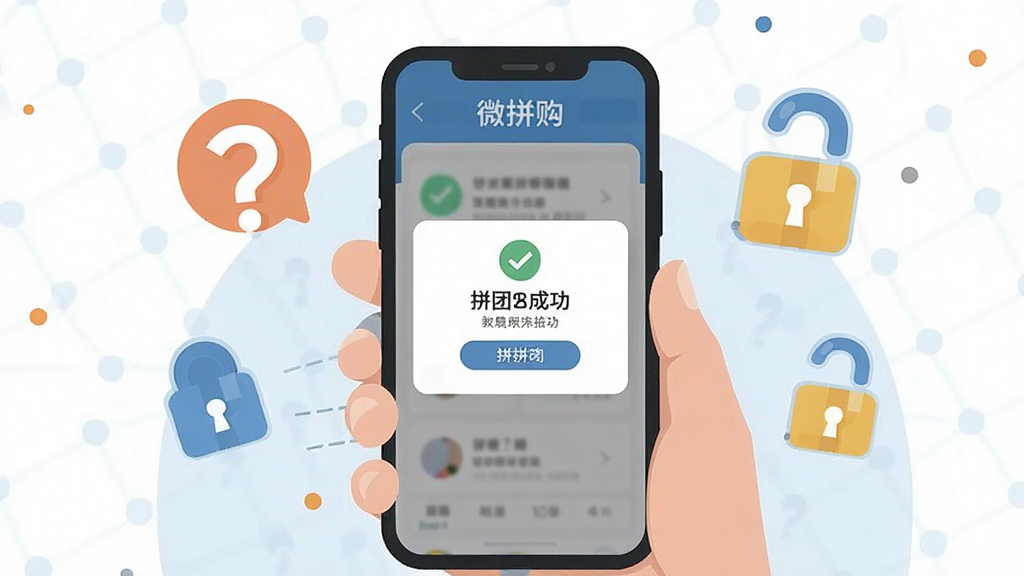 一张“微拼购”新手操作指引的插画,画面中一只手拿着手机,手机屏幕显示拼团成功弹窗,背景有问号和解锁图标,风格为扁平化教育插画,细节清晰,画质干净,无多余元素