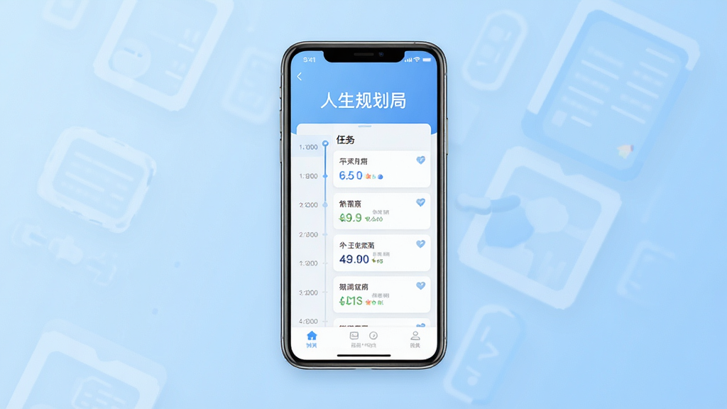人生规划局软件主界面预览图,画面中央是一部智能手机,屏幕上显示人生规划局App的首页,首页上方有