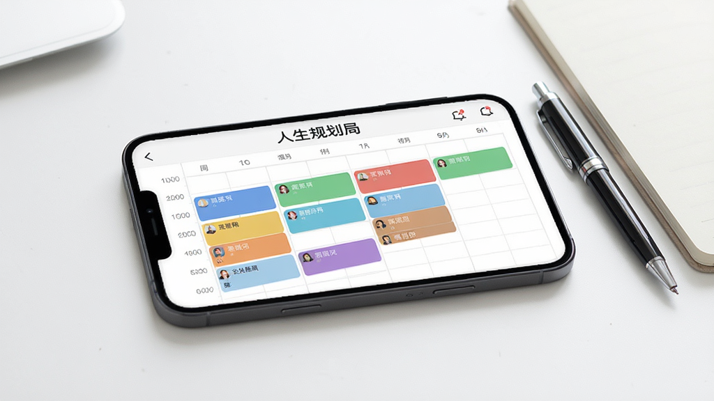 人生规划局多维度时间轴功能展示图,画面中一部手机横屏显示人生规划局App的周视图界面,界面中分布着不同颜色的任务色块,顶部有