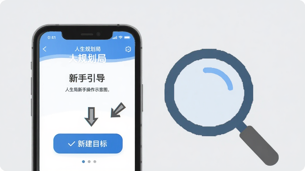 人生规划局新手操作示意图,画面中一部手机显示人生规划局App的新手引导页面,页面上有箭头指向