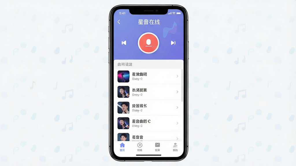 手机屏幕中显示星音在线软件主界面,顶部为软件名称“星音在线”,中部为录音按钮与曲目列表区域,底部为功能导航栏,界面风格简洁清爽,主体突出,布局为竖向手机屏幕比例,风格为现代扁平化设计,细节包含图标、按钮、列表等元素,画质清晰,干净,无多余元素