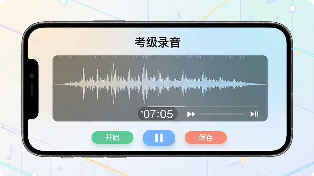 一款手机应用界面展示“星音在线”考级录音辅助功能,画面中央是录音波形图与计时器,上方有“考级录音”字样,下方有开始、暂停、保存按钮,背景为浅色渐变,风格为科技简洁风,布局清晰,细节包含音频波形、时间显示、操作按钮,画质高清,干净,无多余元素