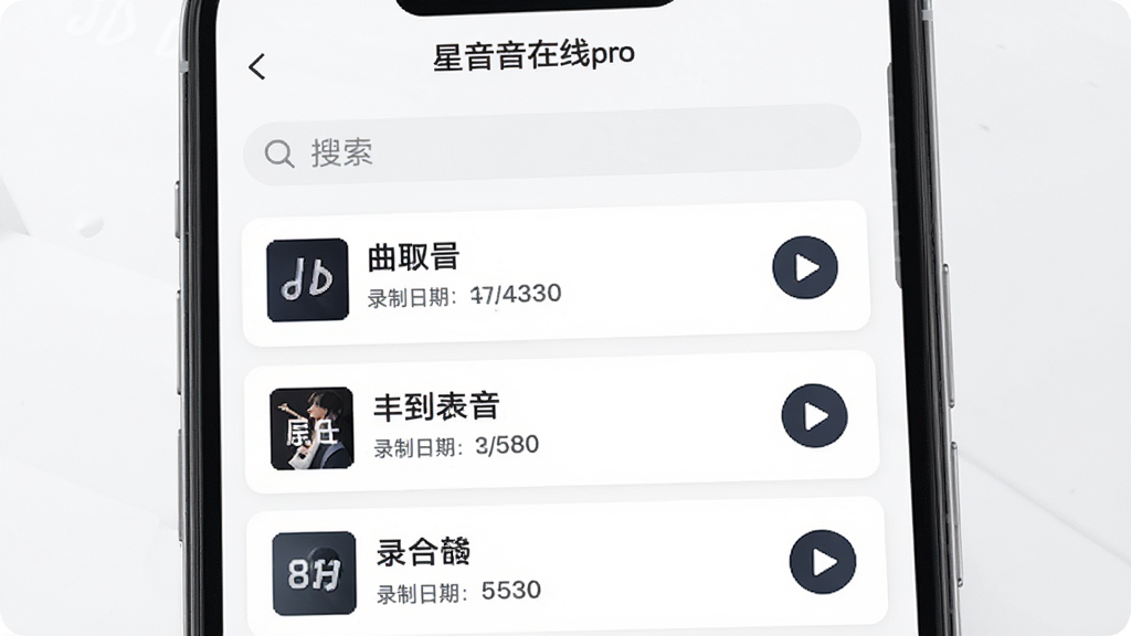 手机界面展示“星音在线”曲目练习记录功能,画面中为列表形式排列的录音文件,每个条目包含曲目名称、录制日期、时长信息,右侧有播放按钮,顶部有搜索栏,背景为白色卡片式布局,风格为清新简约风,细节包含列表项、图标、文字信息,画质清晰,干净,无多余元素