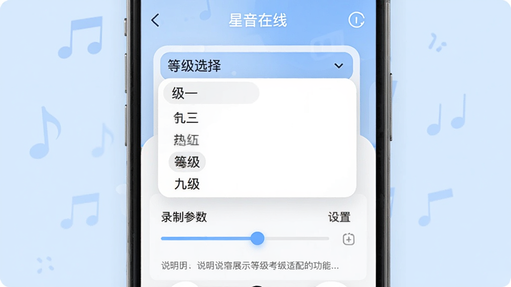 手机应用“星音在线”界面展示等级考试适配功能,画面中显示等级选择下拉菜单,选项包含一级至九级等不同等级,下方有对应的录制参数设置区域,背景为柔和浅蓝色,风格为教育类应用界面,细节包含下拉菜单、参数滑块、说明文字,画质清晰,干净,无多余元素