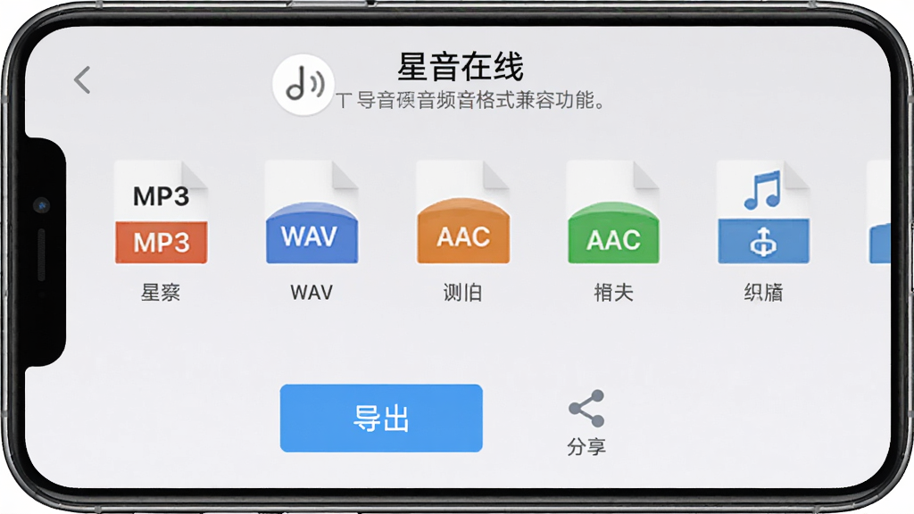 手机界面展示“星音在线”音频格式兼容功能,画面中为文件导出界面,显示多种音频格式图标如MP3、WAV、AAC等,下方有导出按钮与分享图标,背景为浅灰色,风格为工具类应用界面,细节包含格式图标、按钮、提示文字,画质清晰,干净,无多余元素