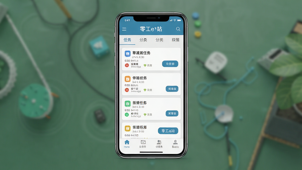 一张展示零工e站手机应用主界面的预览图,画面中央是一部竖屏智能手机,屏幕显示任务列表与分类导航栏,主体清晰,布局居中,排版简洁,风格为扁平化科技风,细节包含任务卡片、图标按钮与底部菜单,画质高清,干净,无多余元素