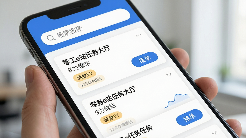 一张展示零工e站任务大厅页面的AI生图,画面主体为手机屏幕特写,布局为上下结构,顶部为搜索栏,中部为任务卡片列表,排版整齐,风格为现代简约风,细节包含任务标题、佣金标签与接单按钮,画质清晰,干净,无多余元素