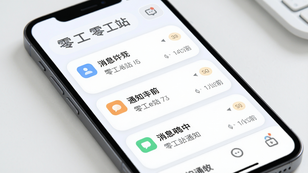 一张展示零工e站消息通知中心界面的AI生图,画面主体为手机屏幕,布局为消息卡片流,排版整齐,风格为柔和圆角风,细节包含通知图标、时间戳与未读标记,画质清晰,干净,无多余元素