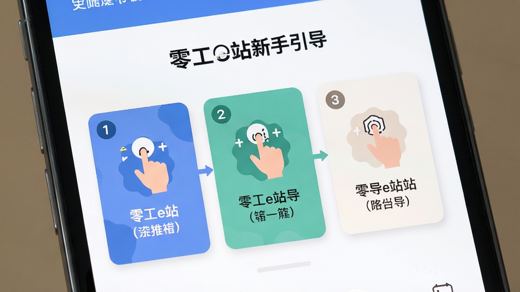 一张展示零工e站新手引导页面的AI生图,画面主体为手机屏幕特写,布局为分步引导卡片,排版居中,风格为扁平插画风,细节包含步骤序号、操作手势图标与文字说明,画质高清,干净,无多余元素