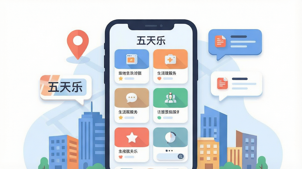 一张以五天乐本地生活信息聚合为主题的扁平化插画,画面主体为一部手机屏幕,屏幕内呈现多个生活服务卡片整齐排列,周围环绕城市建筑、地图定位图标与资讯气泡,布局采用居中构图,风格为清新扁平插画,细节包含柔和阴影与圆角元素,画质干净清晰,画面中可出现文字“五天乐”,无多余元素