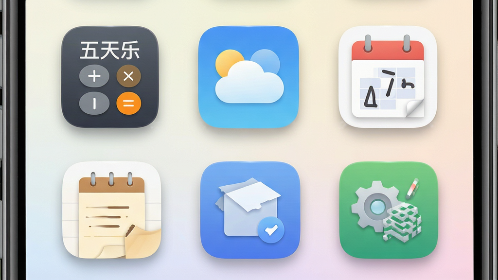 一张展示五天乐内置工具快捷调用的场景图,画面为手机界面特写,屏幕中排列着计算器、天气、日历、备忘录等工具图标,图标风格统一为圆角矩形,背景为浅色渐变,布局整齐,风格为现代UI展示,细节包含图标高光与轻微投影,画质清晰,画面中可出现文字“五天乐”,无多余元素