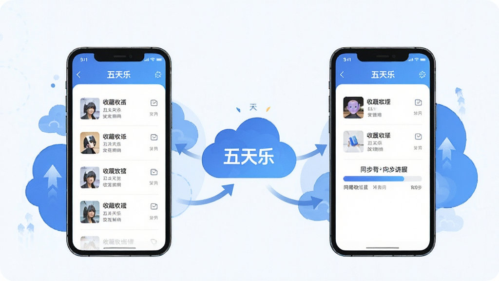 一张展示五天乐账号同步与数据管理的概念图,画面为两部手机通过云朵图标连接,手机屏幕内显示收藏列表与同步进度条,布局为左右对称,风格为简约商务插画,细节包含云纹与数据箭头,画质清晰,画面中可出现文字“五天乐”,无多余元素