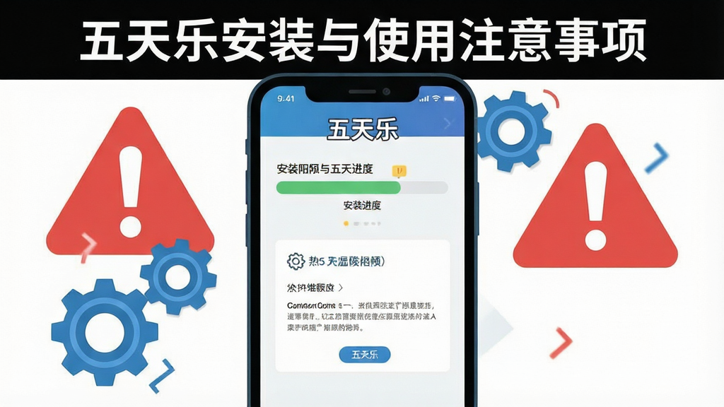 一张展示五天乐安装与使用注意事项的信息图,画面为手机屏幕与警示图标组合,屏幕内显示安装进度条与权限设置界面,周围有红色感叹号与蓝色齿轮图标,布局为上下结构,风格为扁平信息图,细节包含清晰文字标注与图标对比,画质干净,画面中可出现文字“五天乐”,无多余元素