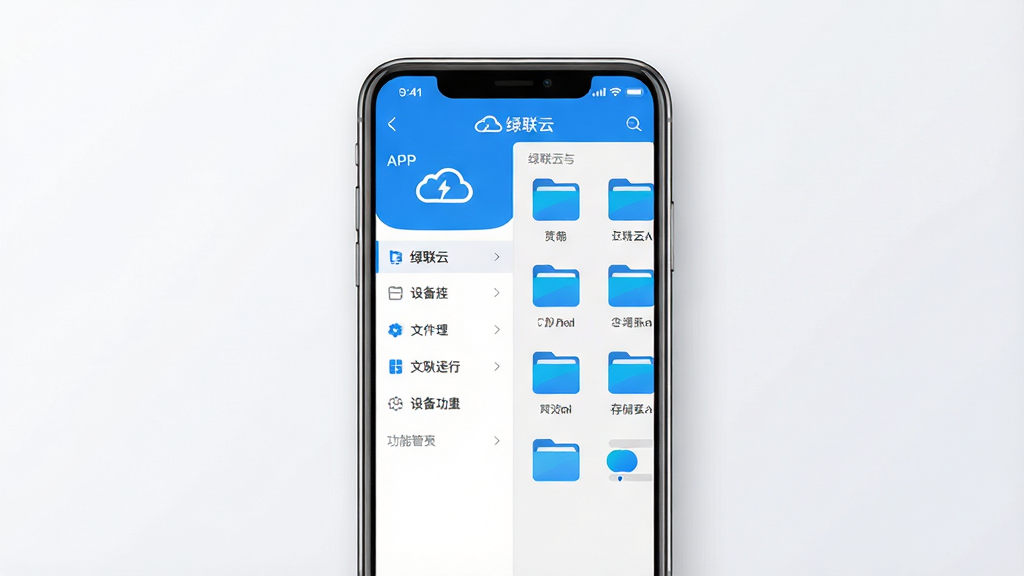 一张展示绿联云手机APP主界面的图片,主体为居中放置的智能手机,屏幕上显示绿联云APP的文件管理界面,包含文件夹图标和存储容量条;布局采用左右分栏,左侧是设备连接状态与功能菜单,右侧是文件浏览窗口;排版简洁,背景为浅灰白色渐变;风格为现代科技感扁平化设计;细节上手机边缘有轻微阴影,屏幕内文字清晰显示'绿联云'字样,图标色彩以蓝白为主;画质高清,干净明亮,无多余元素