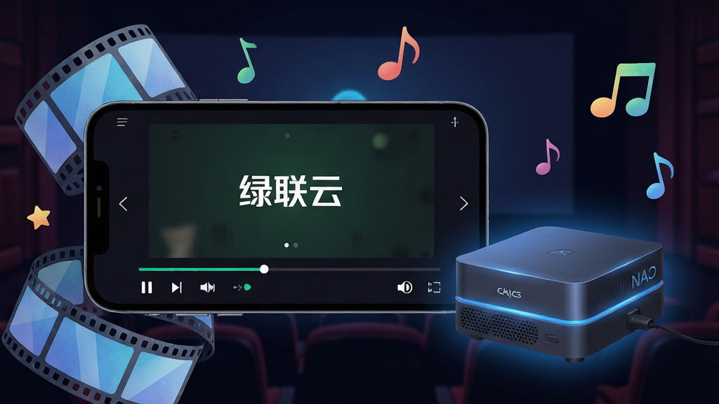 一张展示绿联云影音娱乐功能的图片,主体为手机播放器界面与NAS设备;布局为手机横屏显示播放窗口,周围环绕电影胶片、音乐符号等装饰元素;排版活泼,背景为深色影院风格;风格为现代娱乐感插画;细节上播放器进度条清晰,屏幕内显示'绿联云'标识,NAS设备发出柔和蓝光;画质高清,干净有质感,无多余元素