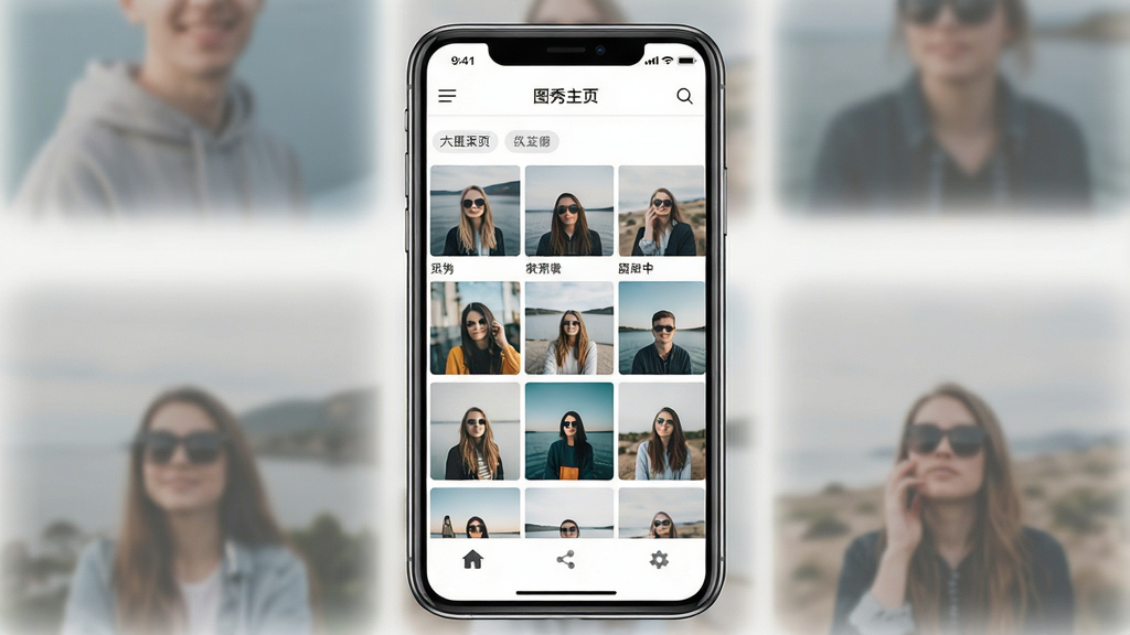 一张展示图秀主页软件界面的预览图,画面中央是手机屏幕,屏幕内呈现图秀主页的相册网格布局与顶部导航栏,布局清晰,排版简洁,风格为现代扁平化设计,细节包含缩略图、分类标签与底部功能按钮,画质清晰,干净,无多余元素